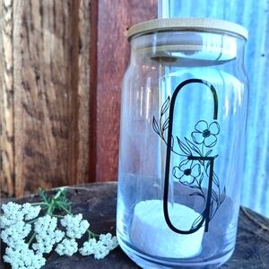 Floral Glass Tumbler with Bamboo Lid and  Straw "G" MONOGRAM NEW Bohemian